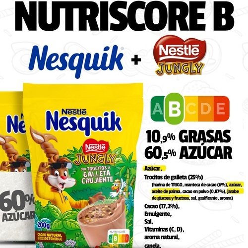 Nesquik corrige su valoración Nutriscore sin cambiar su receta: de “saludable” a “no recomendado” con el mismo azúcar