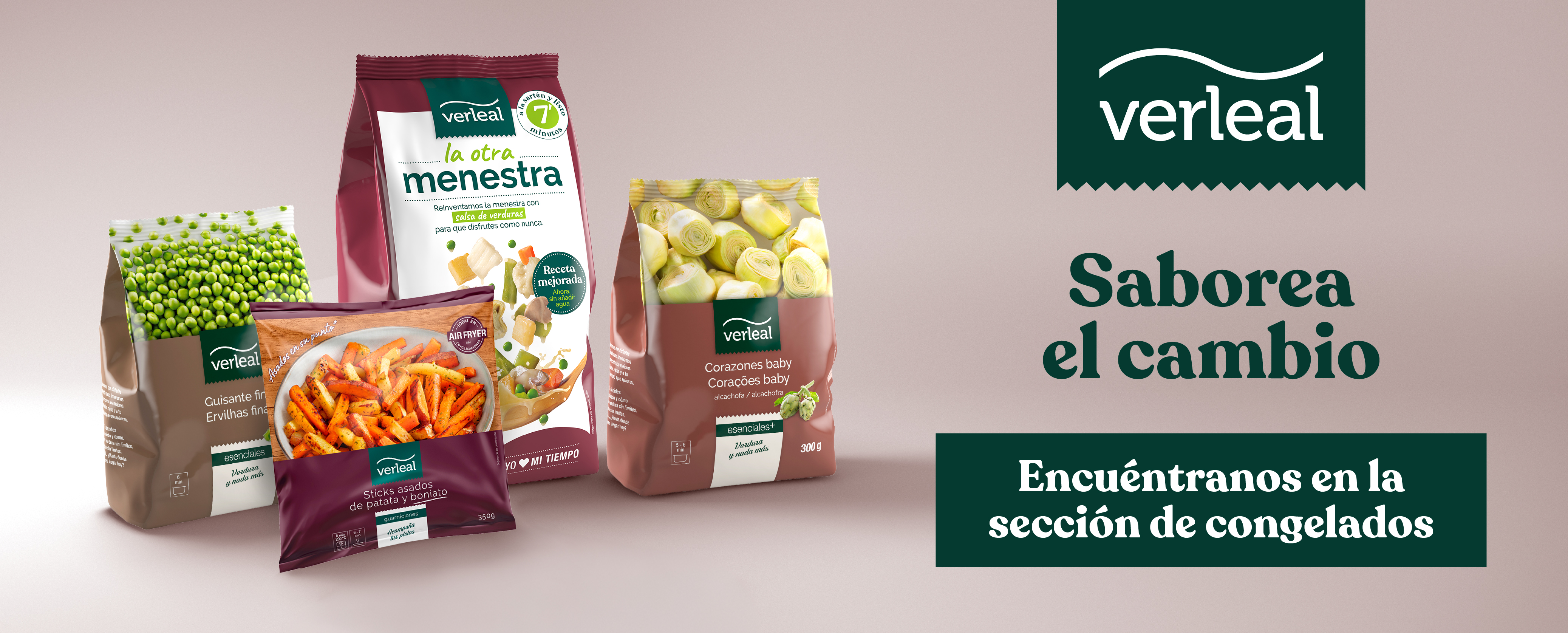 Bolsas de productos congelados verleal con guisantes, menestra, patatas y corazones de alcachofa, sobre fondo claro y lema 'S
